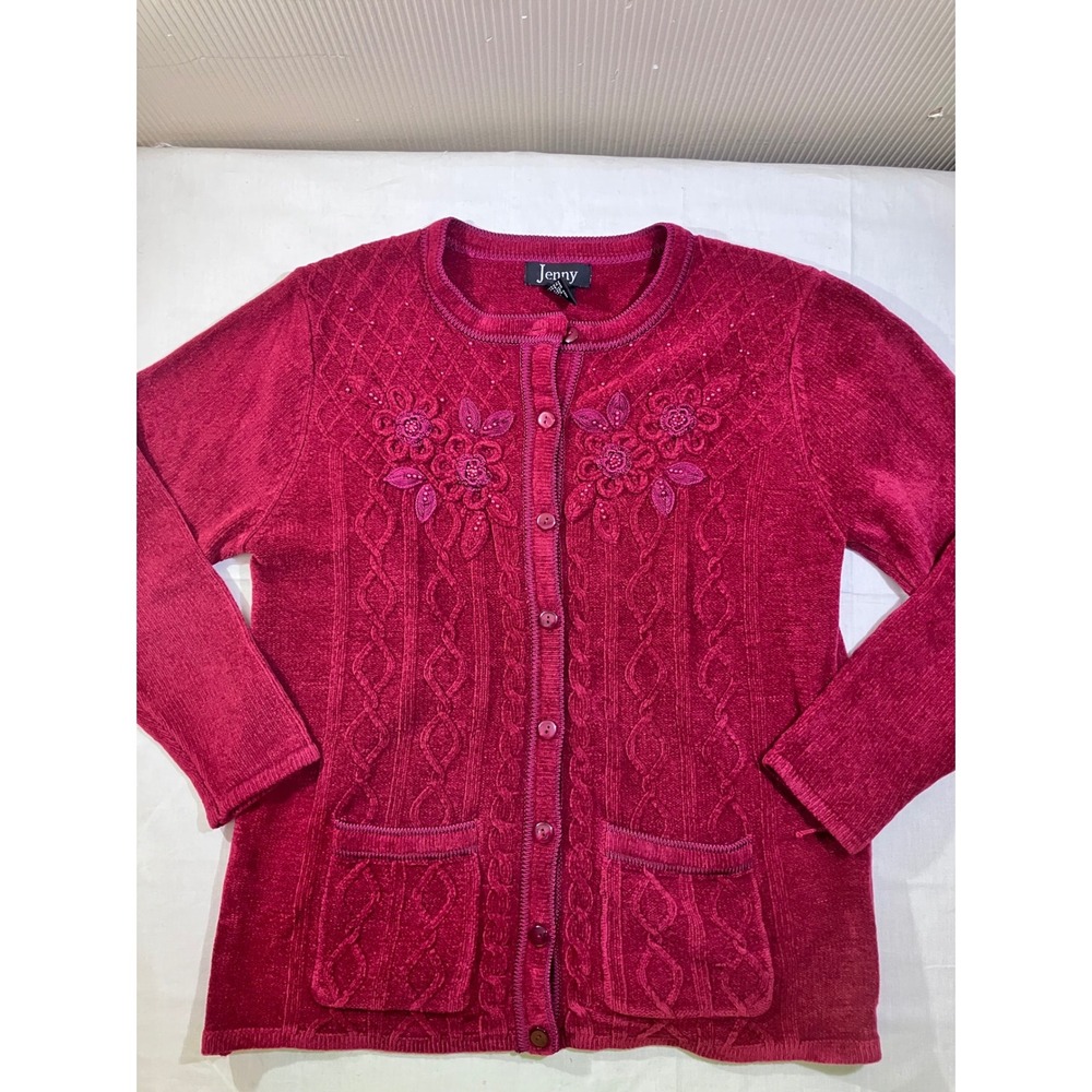 Jenny Womens Berry Red Cable Knit Button Front Cardigan Floral Beaded Sweater‎ L
